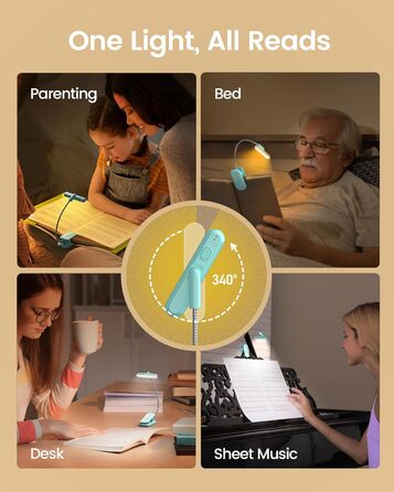 LED лампа для читання Glocusent з кріпленням на книгу, 22 світлодіоди, таймер, регулювання яскравості та кольору, акумулятор 1000 mAh (до 100 годин), для книголюбів, блакитна