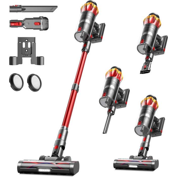 Бездротовий акумуляторний пилосос 45000Pa/550W/65хв, об'єм 1,6л з дисплеєм, антизаплутана щітка, самостійна парковка, док-станція на стіні, 8-шарова фільтрація, тихий, для шерсті тварин/килимів/твердих поверхонь/автомобіля (червоний)