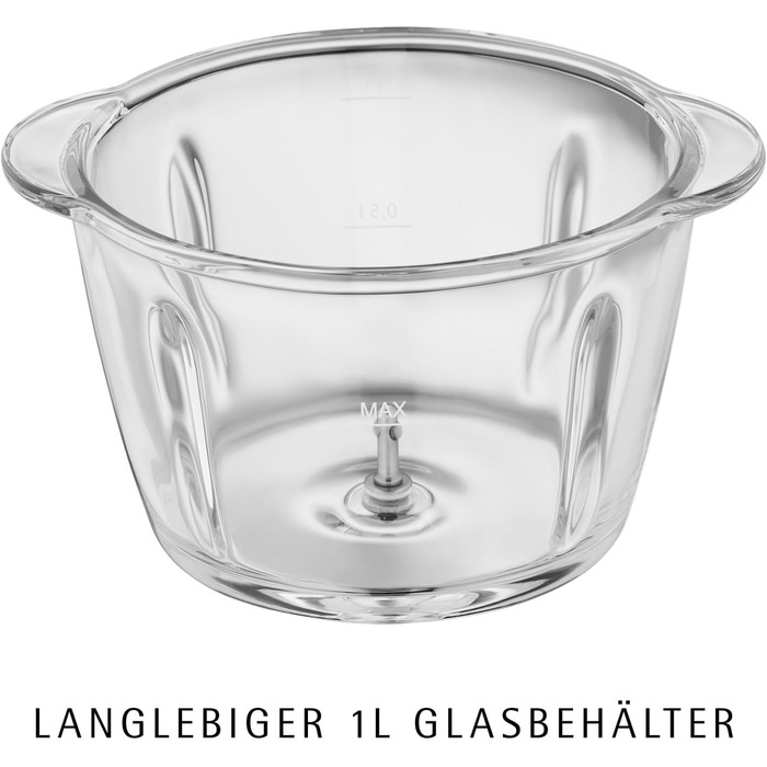 Електричний подрібнювач WMF Kult X – міні-подрібнювач, блендер для овочів, зелені та горіхів, 1л, скло, нержавіюча сталь, компактний, миється в посудомийній машині