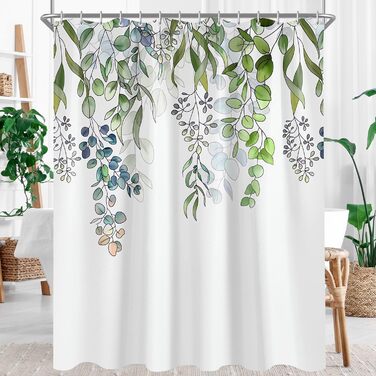 Штора для душу 300x200 см, зелені листки, антигрибкова, текстильна, з обтяженим краєм, водовідштовхувальна, поліестер, з кільцями та 16 гачками для ванної кімнати