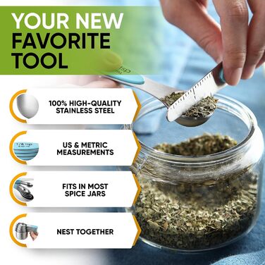 Spring Chef Magnetic Measuring Cups & Spoons Set (Patented), Strong Magnets, Durable Stainless Steel, Fits Spice Jars for Baking & Cooking, BPA-Free, Round, 15-Piece Set with Leveler, Aqua