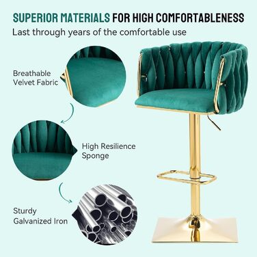 Emerald Velvet Bar Stools 2-Pack - Adjustable Swivel Kitchen Barstools with Backrest for Kitchen & Home Bar