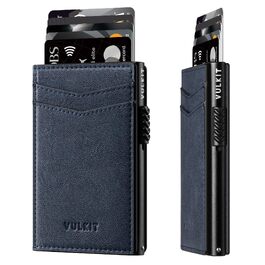 Гаманець-картхолдер VULKIT шкіряний RFID захист, автоматичний механізм для візиток та карток, темно-синій