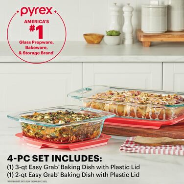 Набір великих скляних форм для запікання Pyrex з кришками і ручками, 4 шт. (2 л, 3 л), для духовки та морозильної камери