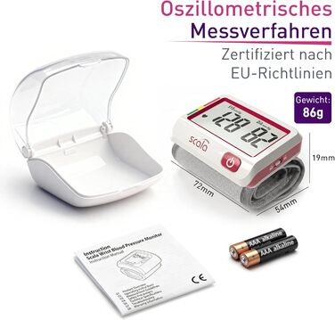 Тонометр на зап'ястя Scala SC 6027 A (червоний) – точний вимірювач артеріального тиску з індикатором ВООЗ, 85 місць пам'яті, Fuzzy Logic, з батарейками та коробкою, розмір манжети 13,5-19,5 см