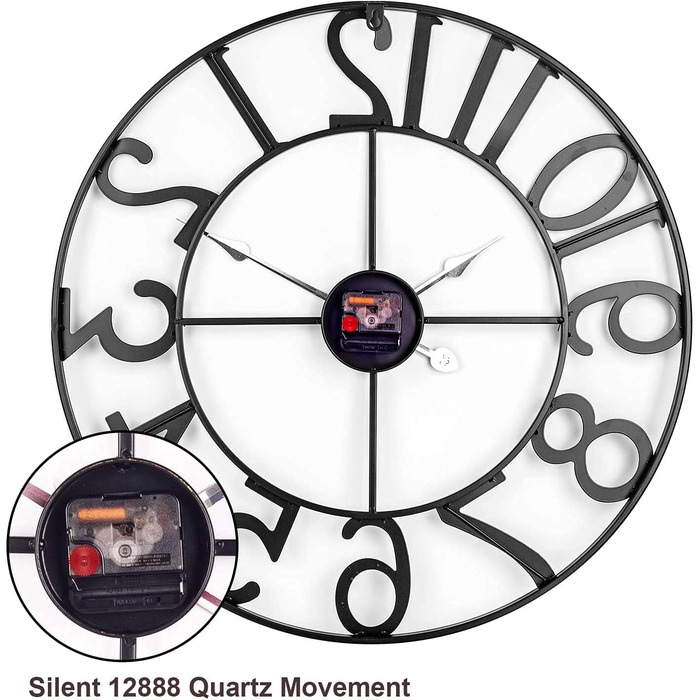Large European Industrial Vintage Wall Clock with Roman Numerals, Silent No Ticking Sounds Metal Wall Clock, Decorative Wall Clock for Living Room, Kitchen, Bedroom - (Black Arabic, 50cm)