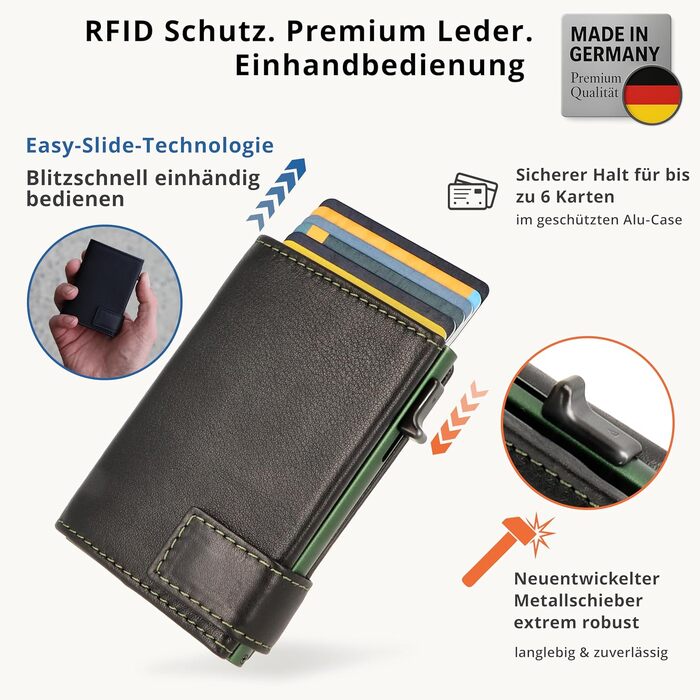 Шкіряний картхолдер SecWal з монетницею та RFID-захистом, міні-гаманець з кнопкою (Зелено-чорний), Made in Germany