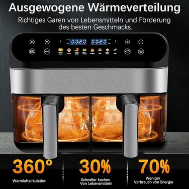 Фритюрниця повітряна Jacgood 9L з 2 кошиками, 1800W, цифрове управління, 8 програм