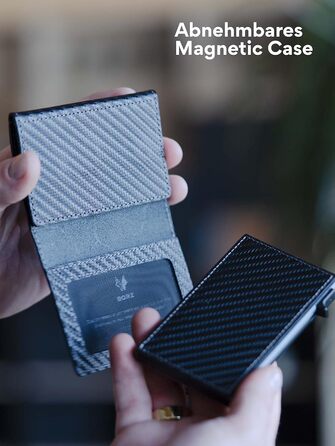 MAXUS MAGNETIC 2: Тонкий шкіряний гаманець з відділенням для монет, сумісний з AirTag, RFID захистом, для карток та грошей (Carbon Leather, Антрацит)