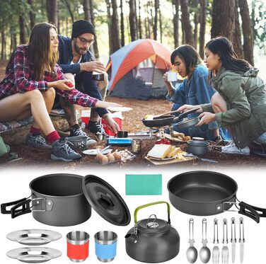 Набір посуду для кемпінгу: туристичний посуд, набір каструль та сковорідок з алюмінію на 2-3 особи для кемпінгу, пікніків та походів