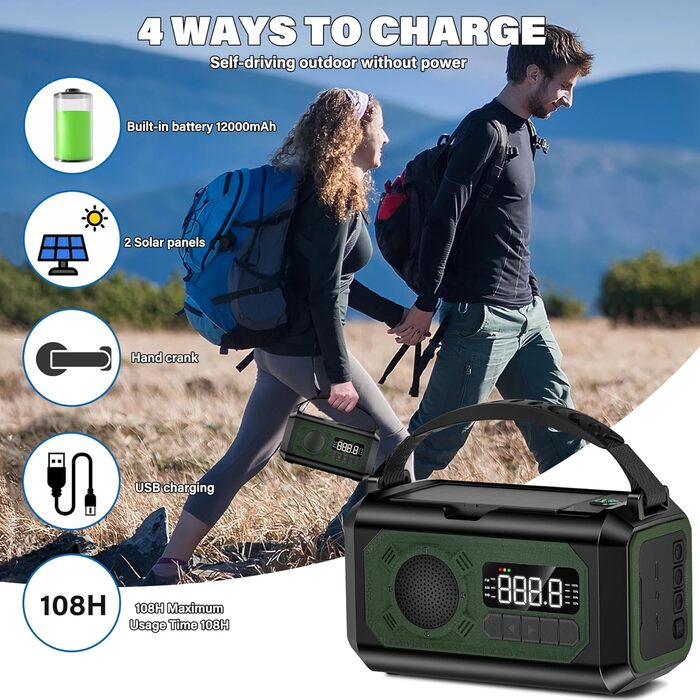 Радіо на сонячних батареях та ручному заводі 12000mAh з USB зарядкою, ліхтариком, компасом, NOAA, AM/FM - аварійне радіоприймач