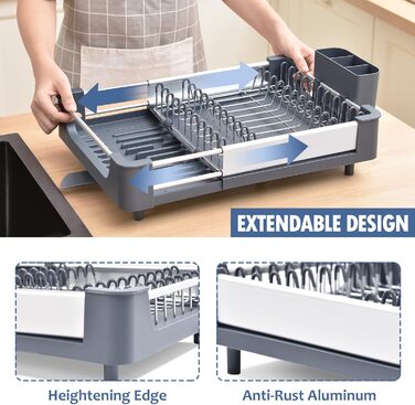 Стійка для посуду KINGRACK: розширювана, з нержавіючої сталі, з підставкою для столових приборів, антиковзаюча, сірого кольору