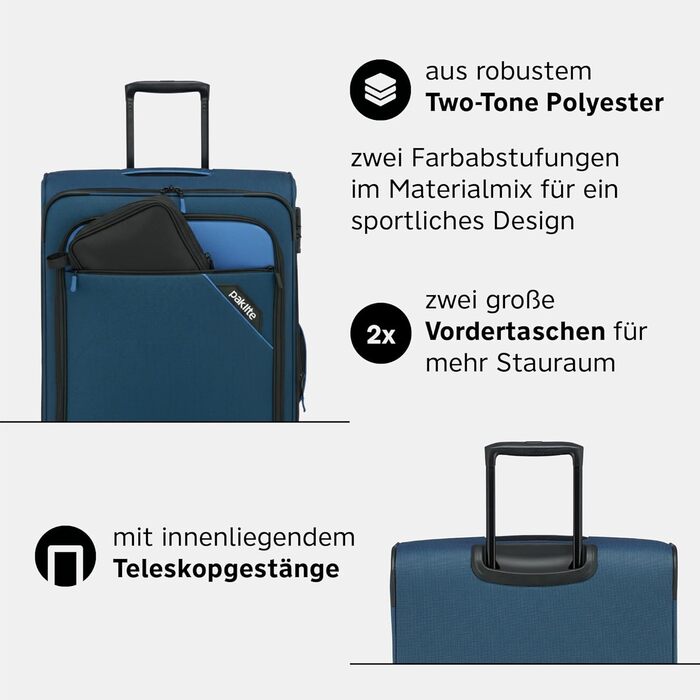 Paklite Валіза ручної поклажі на 4 колесах, 55 см, 41 л, з TSA замком та функцією накладки, блакитна