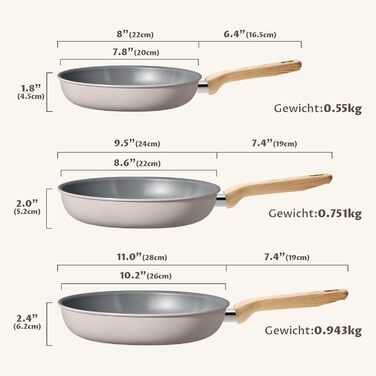 Набір сковорідок для індукції, 20/24/28 см, керамічне покриття з бакелітовою ручкою, антипригарне покриття, молекулярно з'єднане дно для індукції, підходить для всіх типів плит, без PTFE, PFAS та PFOA, 3 шт.