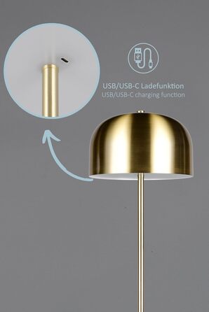 LED настільна лампа Julien, акумуляторна, USB-C, бездротова, диммування торканням, Ø 12 см, металева, 1,5W, матове латунь