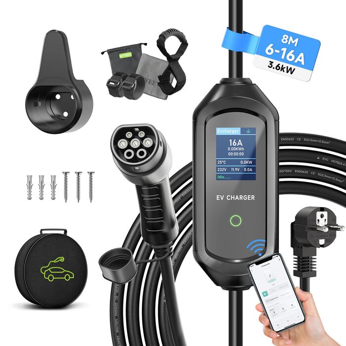Кабель зарядного пристрою для електромобіля 8м, 3.6 кВт, Schuko, регульований струм 6/8/10/13/16A, з сумкою, IEC 62196-2