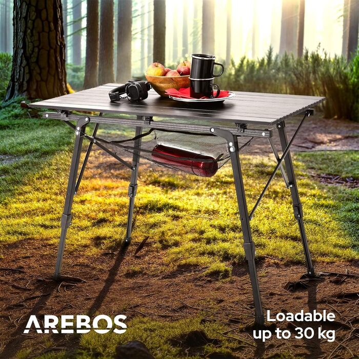 Стіл туристичний складний Arebos 90x51,5 см, регулювання висоти 47-69 см, чорний | для кемпінгу, саду, грилю, пікніка