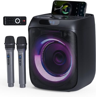 Караоке машина з 2 мікрофонами, портативна PA система з пультом дистанційного керування, караоке бокс з LED-підсвіткою, Bluetooth музична колонка, FM-радіо, TWS/TF/USB/AUX, ідеальна для вечірок та розваг в приміщенні та на відкритому повітрі