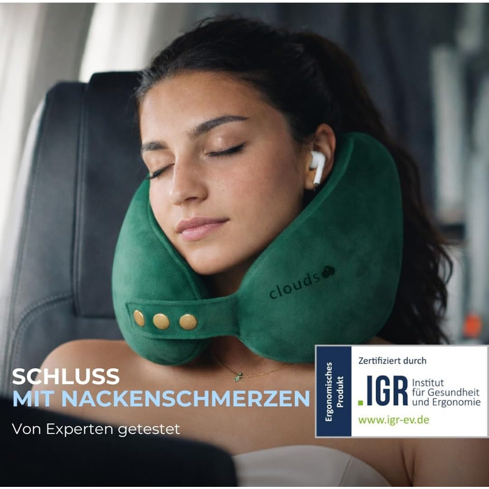 Подушка для шиї CLOUDS для подорожей: Memory Foam, 2 розміри, дихаючий чохол, 5 кольорів (зелений, S/M). Підходить для літака та авто.