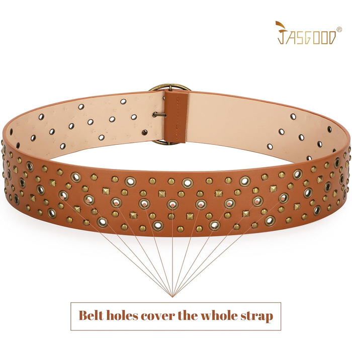 Жіночий широкий пояс JasGood з прорізними заклепками та круглою пряжкою, пояс з заклепками, пояс для талії для вінтажних джинсів, штанів, суконь. Підходить для талії до 88 см (Колір: Коричневий)