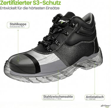 Черевики робочі AirGearPro S3 SRC для чоловіків – сталевий підносок, захист від проколів, неслизька підошва, водонепроникні та дихаючі, 41 EU