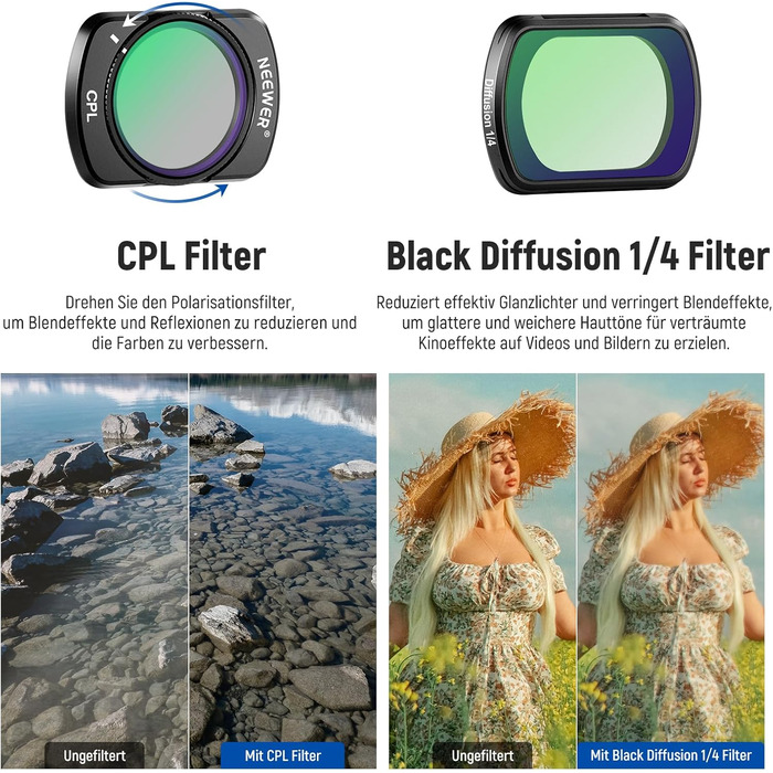 Набір фільтрів NEEWER для DJI Osmo Pocket 3: ND, CPL, Black Diffusion, UV. Захист від засвітлення та творчі ефекти. Сумісний з DJI Osmo Pocket 3.