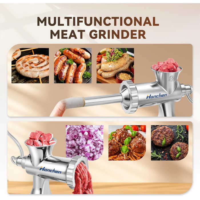М'ясорубка ручна Hanchen з нержавіючої сталі з присоскою, насадкою для ковбас, 2 дисками та шреддером для овочів - посудомийна
