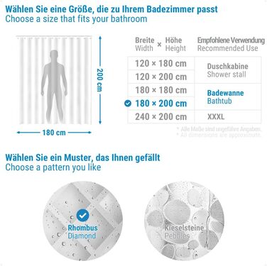 Шторка для душу Ecooe 3D ромби, прозора, 180x200 см, EVA-матеріал, водонепроникна, антигрибкова, з 12 кільцями
