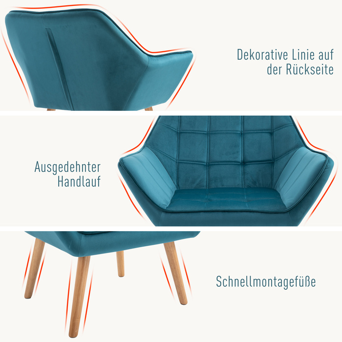 HOMCOM Single Armchair, Recliner Chair, Velvet, Raised Legs, Velvety Polyester, Scandinavian Style, Green, 64x62x72.5cm | Aosom