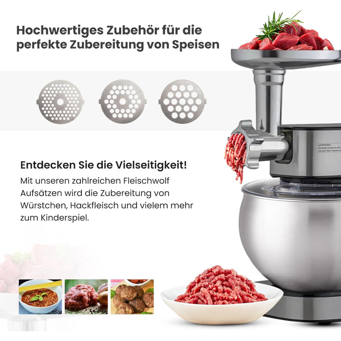 KB-ELEMENTS 3-in-1 Kitchen Machine 2500W, 8.5L, Meat Grinder, Dough Kneader, Food Processor, Mixer, Stand Mixer, Stainless Steel Kitchen Machine, 7L Stainless Steel Bowl, Multifunctional