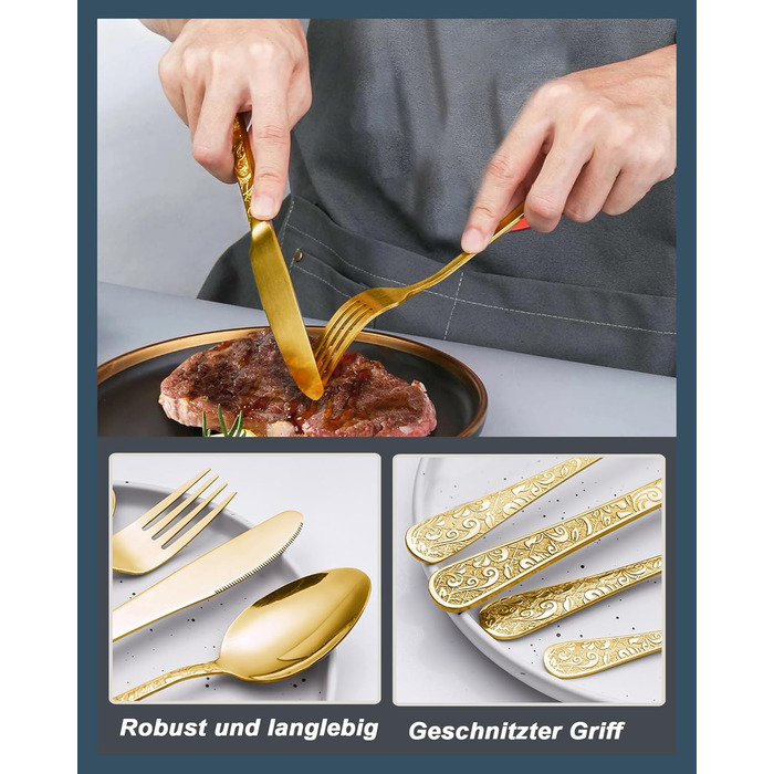 Набір столових приборів 24 предмети в золотистому вінтажному стилі для 6 осіб, нержавіюча сталь, з гравіюванням, високоякісне полірування