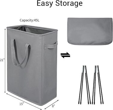 Chrislley Slim Laundry Basket Small Laundry Basket Foldable Laundry Basket Collapsible Laundry Bag Narrow Laundry Basket with Handle - 45L Grey