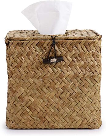 BSTKEY Household Cube, Seagrass Face Towel Box, Decorative Woven Paper Holder, Original Color, Yellow, 35.6 x 35.6 x 33 cm