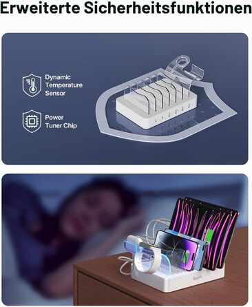 Зарядна станція SooPii USB з органайзером на 6 портів 50W, 6 кабелів, тримач для Apple Watch, біла