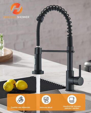 Кухвонний змішувач Hbronzeshower з висувною лійкою, 360° поворот, нержавіюча сталь, чорний