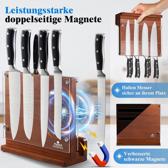 ENOKING Magnetic Knife Block without Knives with Transparent Acrylic Shield, High-Quality Magnetic Knife Holder, Natural Acacia Wood Knife Block with Double-Sided Strong Magnet for up to 12 Knives