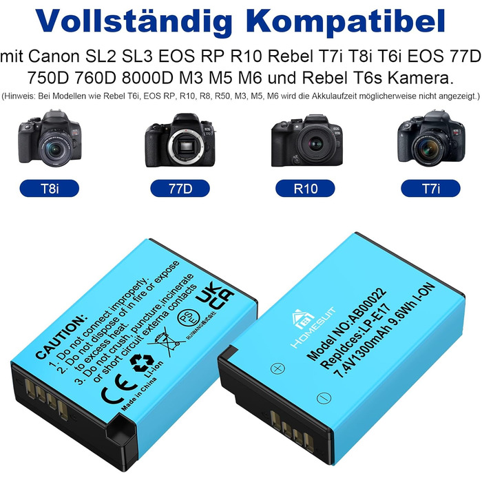 Акумулятор LP-E17 1300mAh 2 шт. + LED зарядний пристрій для Canon EOS Rebel SL3, SL2, T8i, T7i, T6i, T6s, R10, R50, R8, RP, M3, M5, M6, 200D, 77D, 750D, 760D, 2x LP-E17 + 1x LED