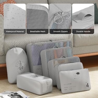 Органайзер для валізи Yomisee, Набір з 7 частин, Packwürfel Set, Органайзери для одягу в подорож, Сірий