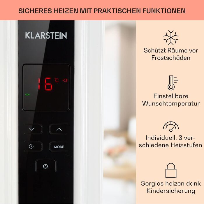 Електричний масляний радіатор Klarstein Thermaxx 2500 - опалення, 2500 Вт, 5-35°C, LED-дисплей, таймер, ролики, білий/чорний