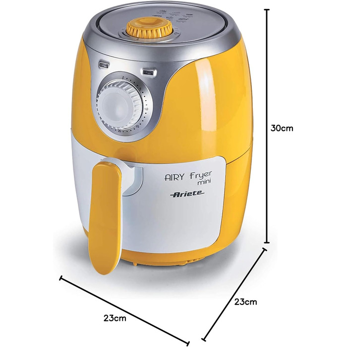 Фритюрниця Ariete 4615 Airy Fryer Mini 2 л, 1000 Вт, жовта, з антипригарним покриттям, температура до 200°C, знімна чаша, книга рецептів німецькою
