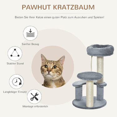 PawHut Cat Tree Climbing Tree with Hammock, 3-Tier Play Tree with Cat Bed Cat Scratching Post with Sitting Platform, Sisal Columns, Grey Ø40 x H65 cm