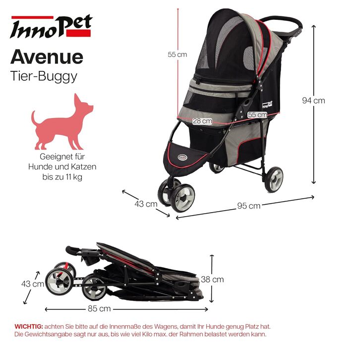 Buggy Innopet Avenue: Легкий візок для собак та котів сірого/червоного кольору - компактний, з дощем, з ліштою та кошиком для зберігання
