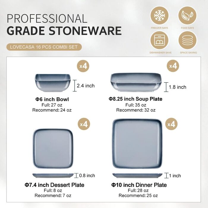 LOVECASA Сервіз набір Vibri, 16 частин, квадратний з каменю, сервіз для 4 осіб | Тарілки, чашки, десертні тарілки та миски, сірий, 16-частинний сервіз