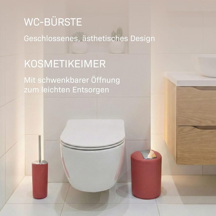 Набір аксесуарів для ванної кімнати 6 предметів, пластик, червоний: туалетний набір, кошик для сміття, стакан для зубних щіток, мильниця, дозатор для мила, декор