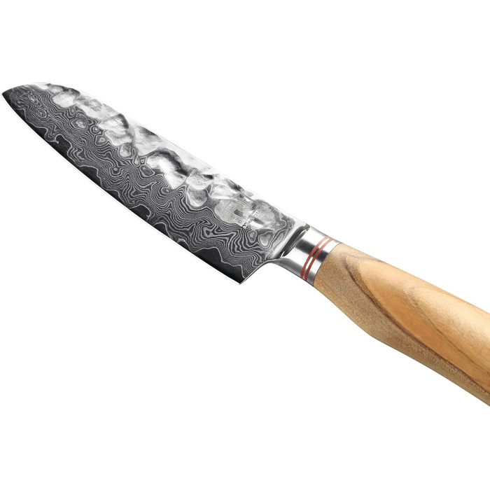Японський ніж Santoku Zayiko Minami Premium з 12 см лезом з дамаської сталі 67 шарів, ручка з оливкового дерева, дерев'яна коробка. Кухонний ніж для професіоналів та дому без гравіювання