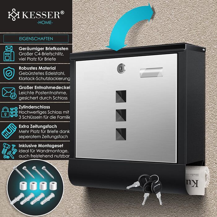 Поштова скринька KESSER® з газетницею та іменним шильдиком, нержавіюча сталь, матова, з оглядовим вікном, 3 ключі, порошкове покриття, настінний монтаж, велика, з матеріалом для монтажу (Чорний / Срібний)