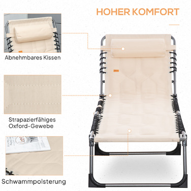 Outsunny Sun Lounger, foldable garden chair with headrest, side pocket, recliner with 5-position adjustable backrest, weather-resistant camping lounger with a weight capacity of 130 kg, for garden, beach, pool, Beige | Aosom