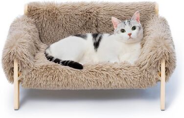 MEWOOFUN Elevated Cat Bed Sofa made of Wood, 56x45cm Sturdy Large Cat Sofa – Fashionable Cat Stool with Removable Mattress Cover. Holds up to 10 kg (Light Brown, 56x45cm)