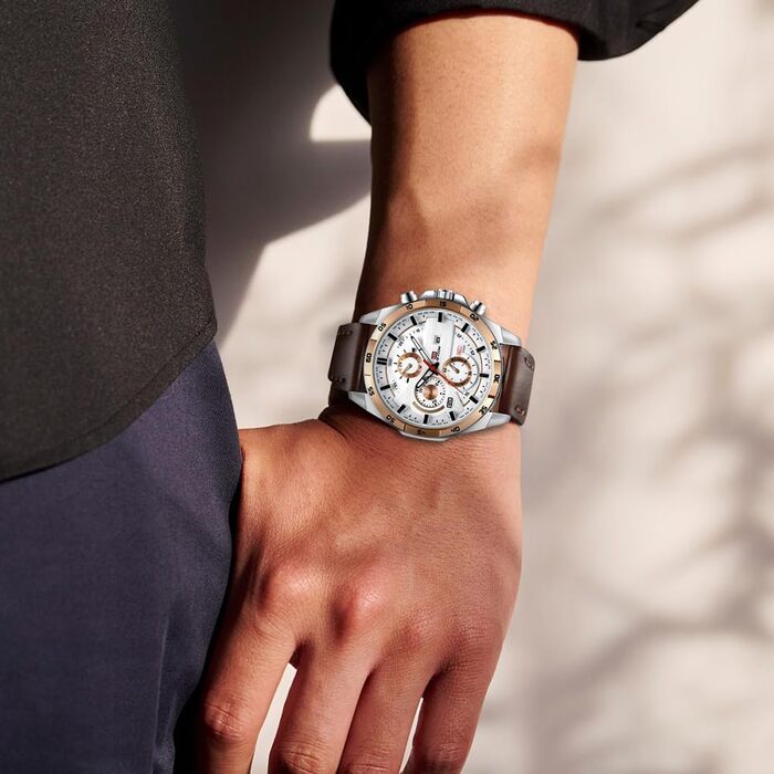 Чоловічий годинник OFF-CUP з датою: кварцовий хронограф на шкіряному ремінці. Елегантний аксесуар для чоловіків, casual та business стилю. Чудовий подарунок (біло-коричневий)