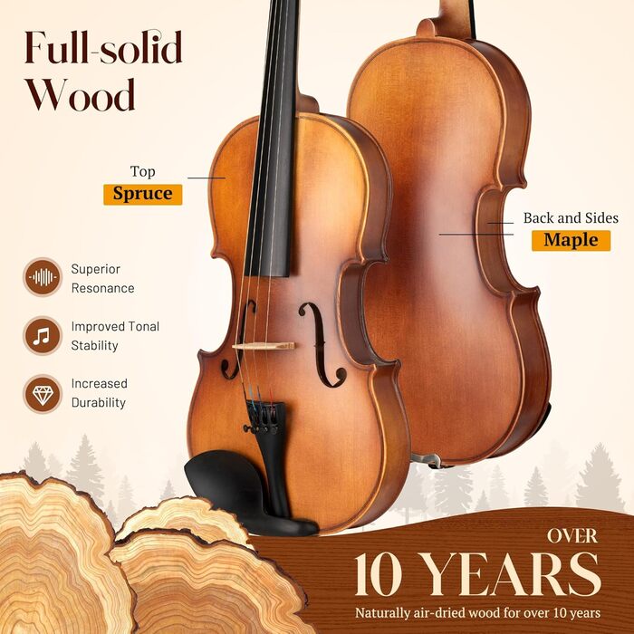 Скрипка CAHAYA з масиву дерева 4/4 матова, ручної роботи: повний набір для початківців, дорослих, учнів та дітей 12 років - скрипка з масиву дерева, футляр, підставка для плеча, тюнер, колінь